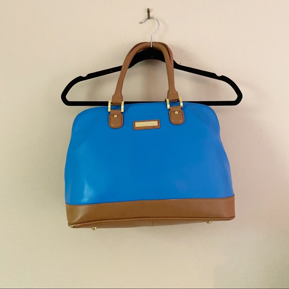 Joy Iman• large bright blue brown accent handle shoulder hand bag